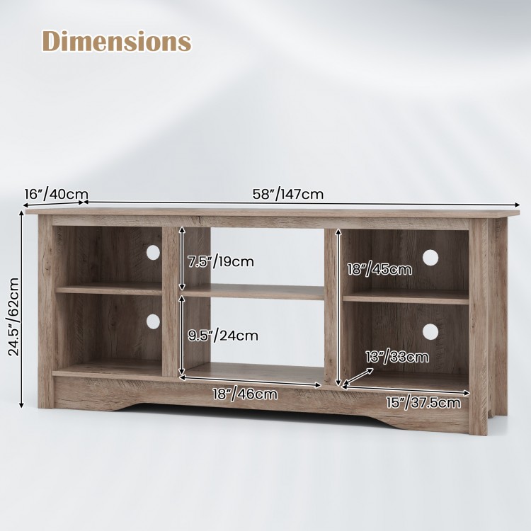 Dimensions of a gray TV stand for up to 65-inch TVs, featuring adjustable shelves and cable management holes.