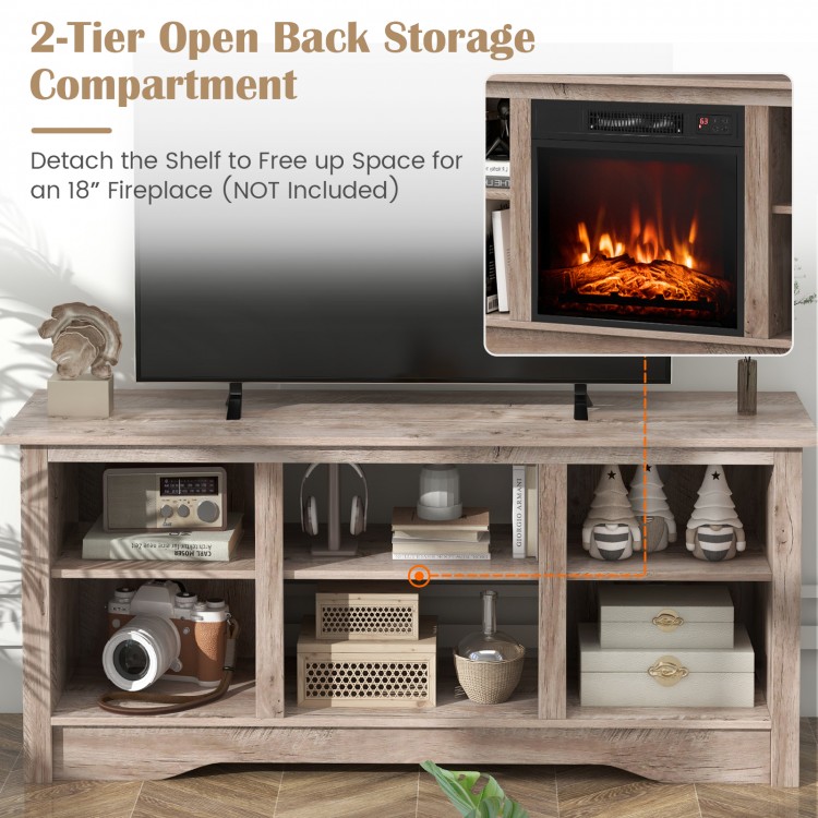 Gray TV stand with adjustable shelves, designed for 65-inch TVs and an 18-inch electric fireplace compartment.