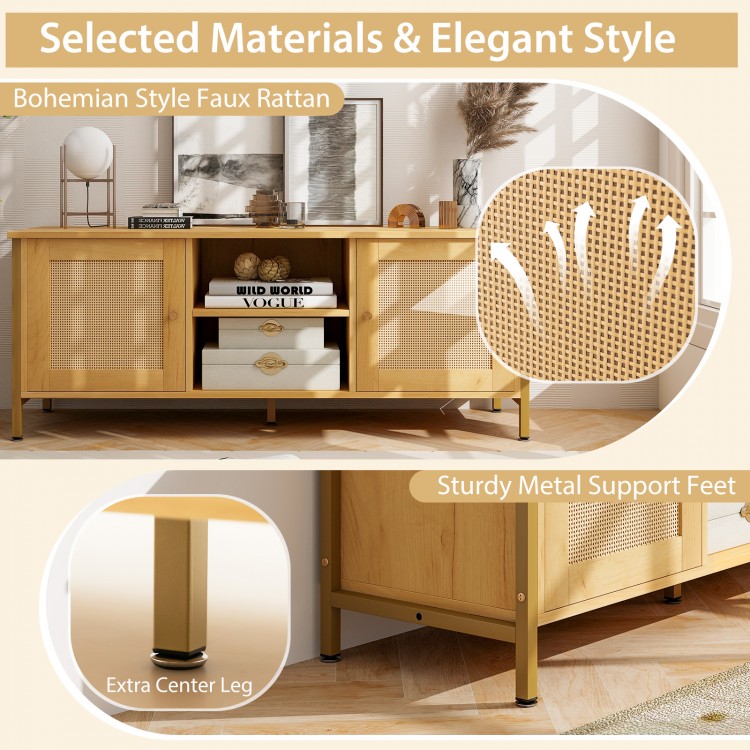 Boho TV stand with faux rattan doors and spacious tabletop for TVs up to 55 inches, featuring sturdy metal support feet.
