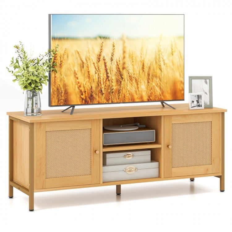 Boho TV stand with faux rattan doors, accommodating TVs up to 55 inches, featuring ample storage and cable management.