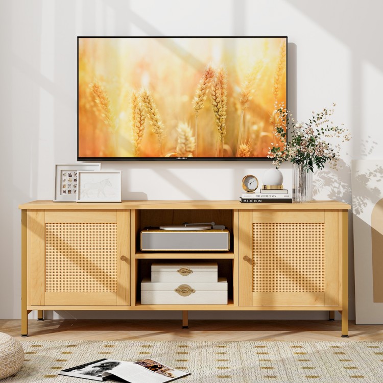 Boho TV stand with faux rattan doors, accommodating TVs up to 55 inches, featuring ample storage and elegant design.