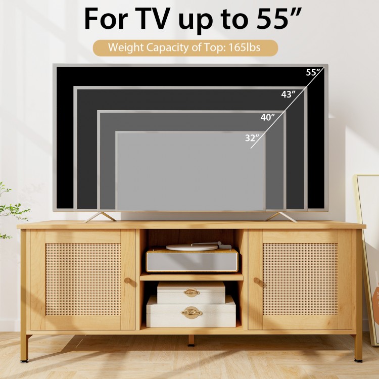 Boho TV stand with faux rattan doors, designed for TVs up to 55 inches, featuring ample storage and cable management.