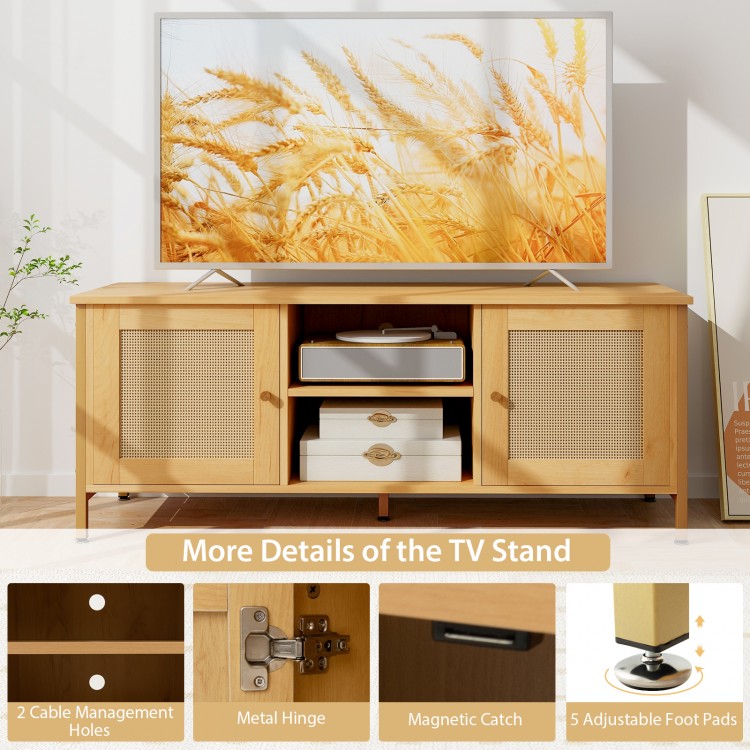 Boho TV stand with faux rattan doors, accommodating TVs up to 55 inches, featuring cable management and adjustable foot.