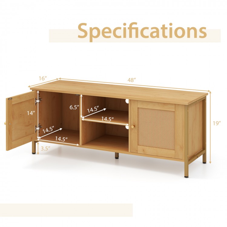 Boho TV stand with faux rattan door, featuring 2 shelves and 2 cabinets, designed for TVs up to 55 inches.