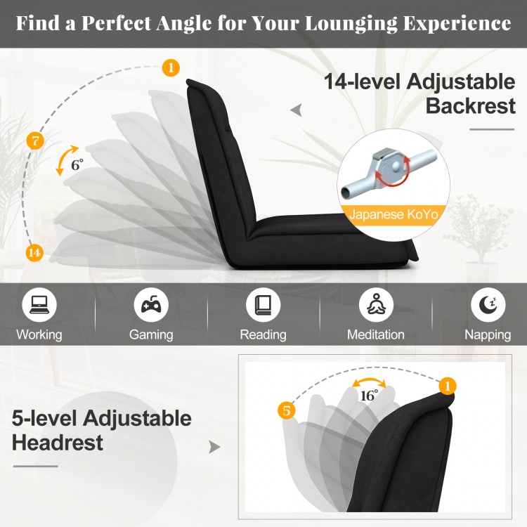 Folding floor chair with 14-level adjustable backrest and 5-level headrest, perfect for gaming, reading, or napping.