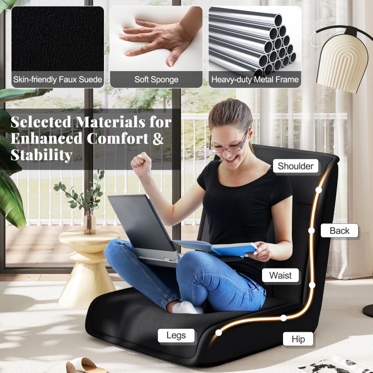 Folding floor chair in black with adjustable backrest, designed for comfort during gaming, reading, or napping.