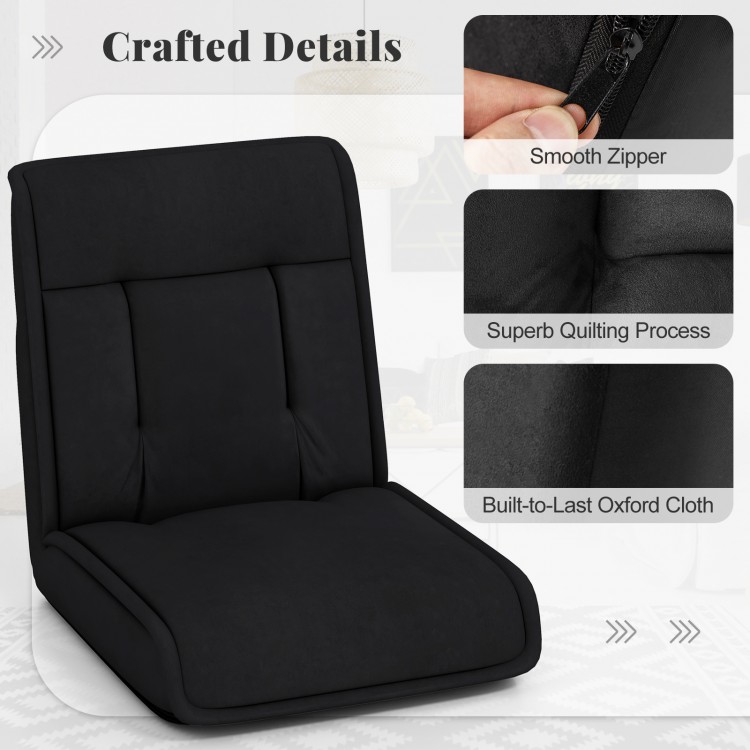 Black folding floor chair with smooth zipper, adjustable backrest, and durable Oxford cloth for versatile comfort.