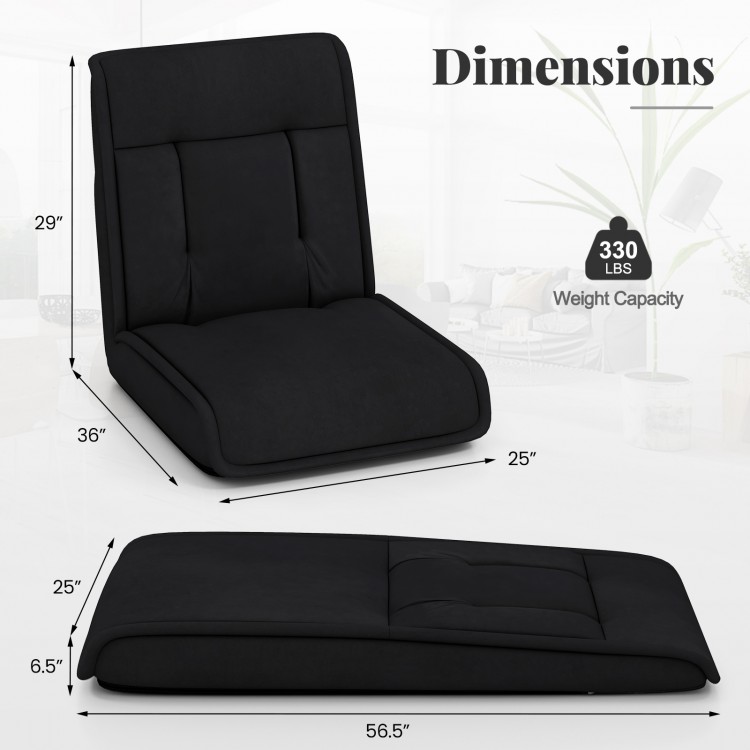 Folding floor chair in black with adjustable backrest, ideal for gaming, reading, and napping, supports up to 330 lbs.