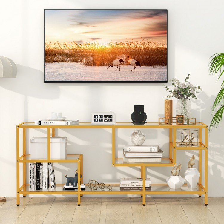 58-inch gold TV console table with tempered glass shelves, ideal for living room storage and TV display.
