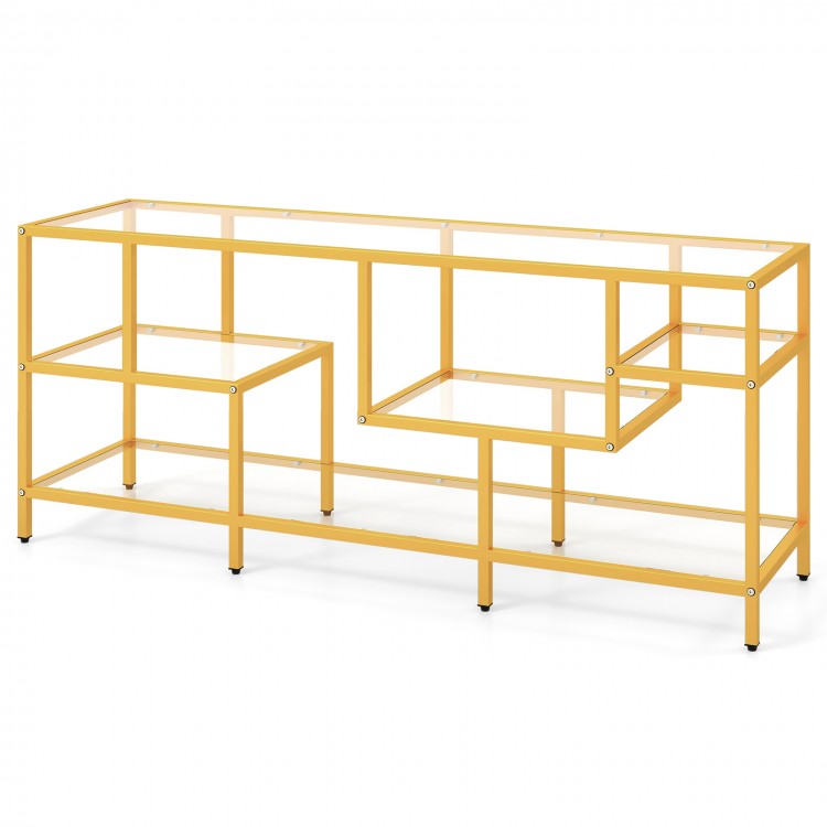 Side view of the 58-inch gold TV console table showcasing its unique design with tempered glass shelves for stylish.