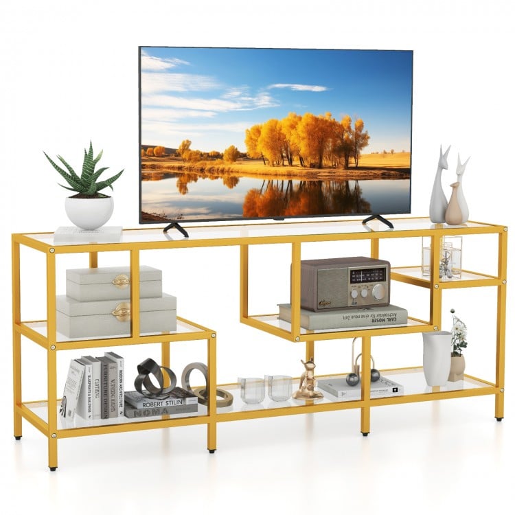 58-inch gold TV console table with tempered glass shelves, perfect for living room storage and elegant display.