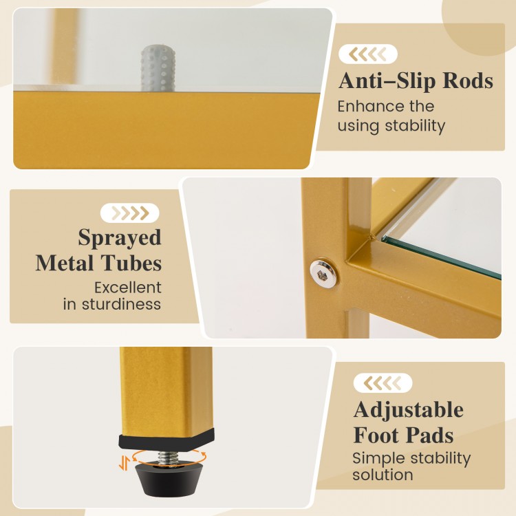 Detail of the adjustable foot pads and anti-slip rods on the 58-inch gold TV console table for enhanced stability.