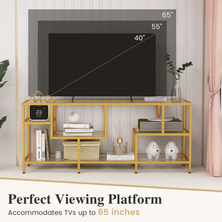 58-inch gold TV console table with tempered glass shelves, accommodating TVs up to 65 inches for versatile living room.