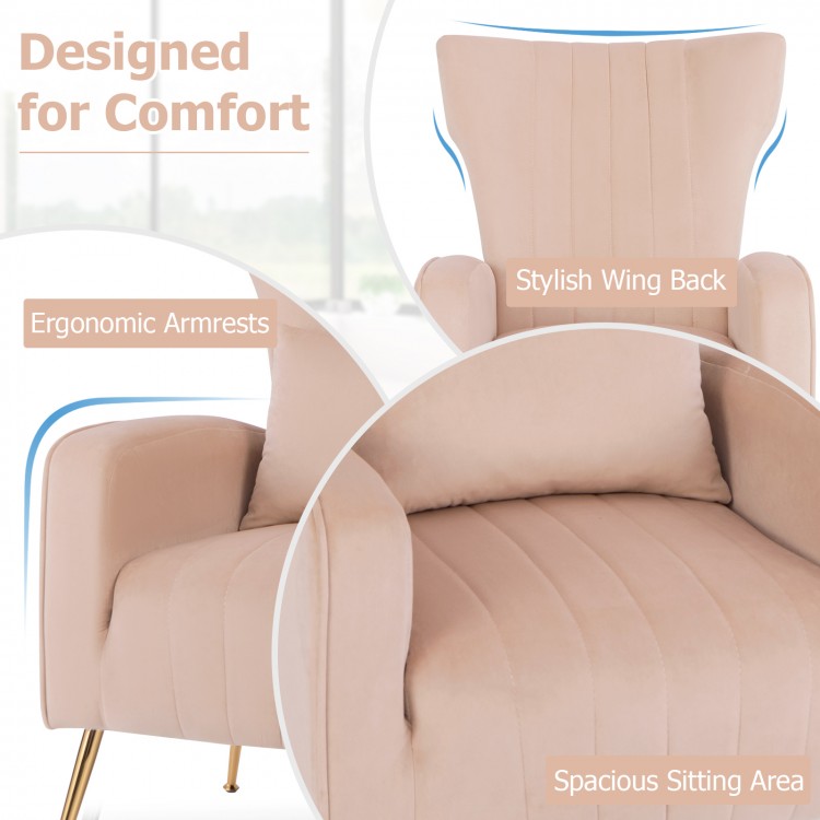 Velvet upholstered wingback chair in pink with ergonomic armrests and lumbar pillow, perfect for living rooms and.
