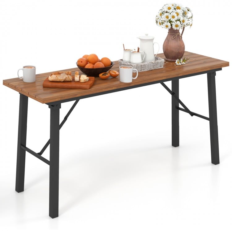 Outdoor dining table with acacia wood top, featuring a sturdy metal frame, ideal for yard, garden, or poolside.