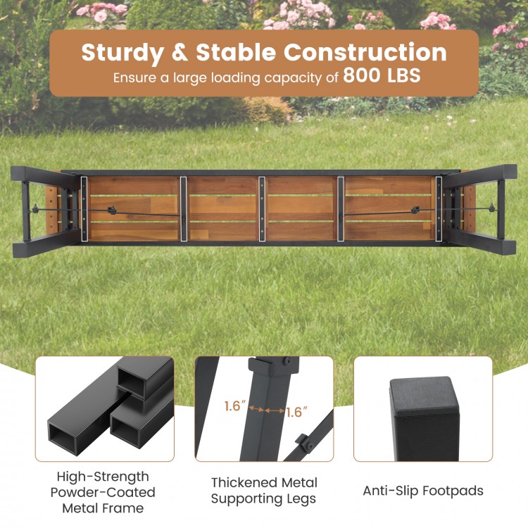 Acacia wood top of the outdoor dining table and bench set with sturdy metal frame, ideal for yard and garden use.