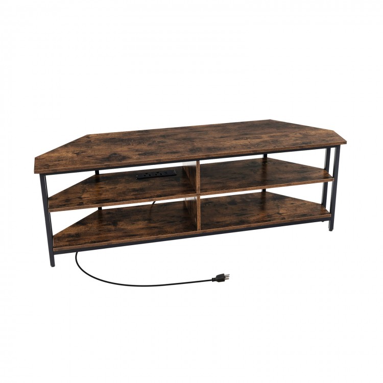 3-tier corner TV stand in rustic brown for TVs up to 65 inches, featuring a built-in charging station and open.