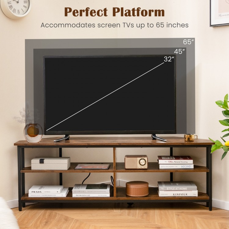 3-tier corner TV stand in rustic brown accommodating TVs up to 65 inches, featuring a built-in charging station and.