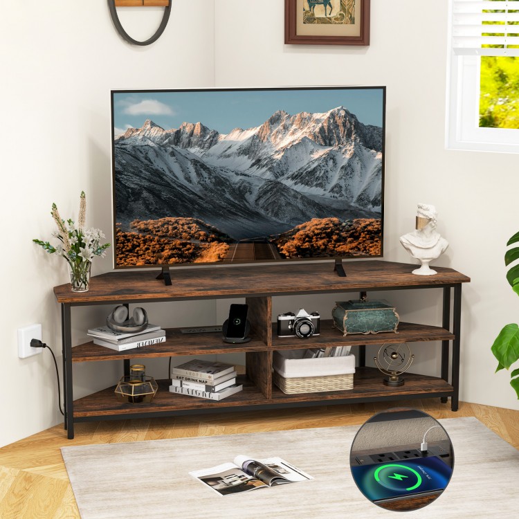 Rustic brown 3-tier corner TV stand with open compartments and a built-in charging station for versatile electronic.