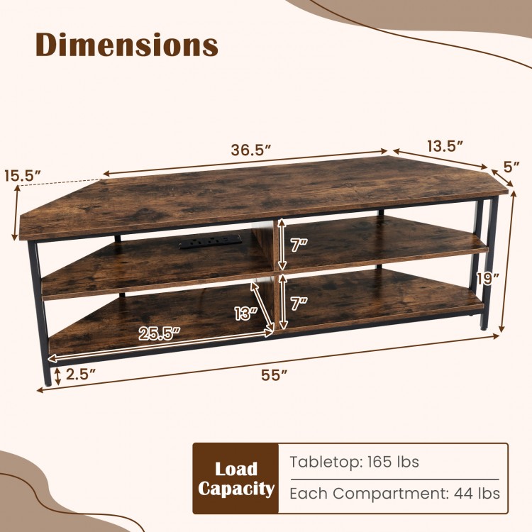 Dimensions of the 3-tier corner TV stand in rustic brown, featuring a built-in charging station and four open.