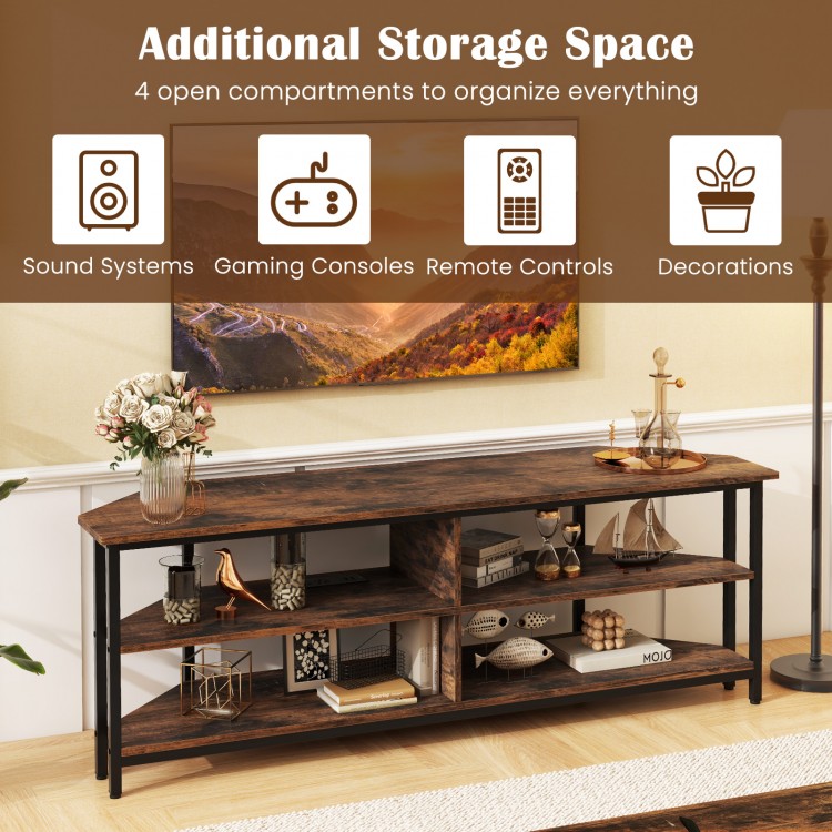 3-tier corner TV stand in rustic brown with 4 open compartments and built-in charging station for TVs up to 65 inches.