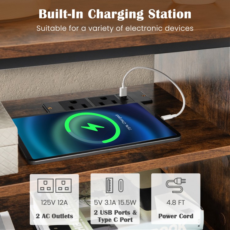 3-tier corner TV stand in rustic brown with built-in charging station, featuring 2 AC outlets and USB ports for.