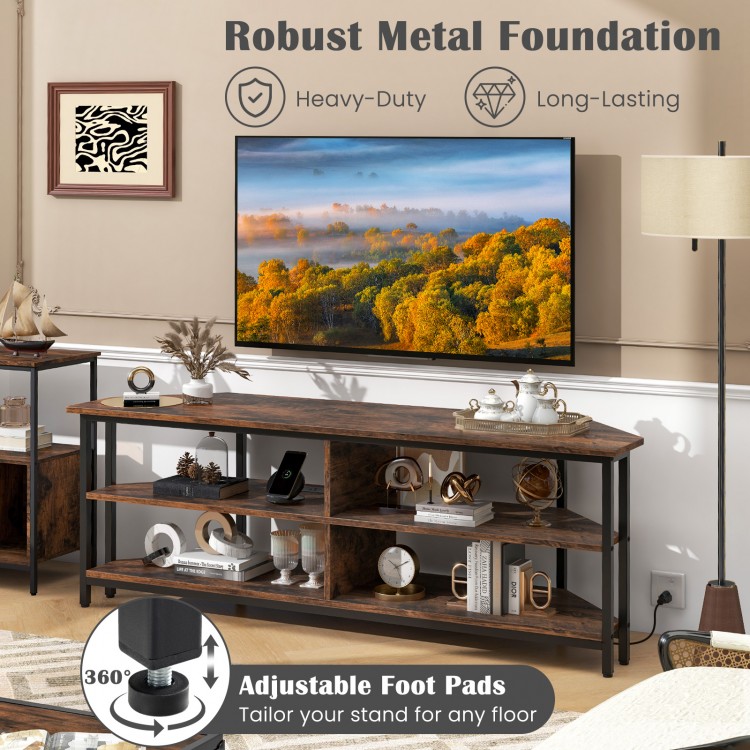 3-tier corner TV stand in rustic brown with charging station and adjustable foot pads for TVs up to 65 inches.