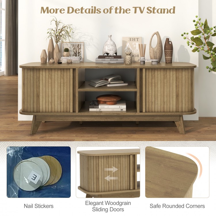 TV stand for 55-inch TV in oak with dual sliding doors, adjustable shelves, and safe rounded corners for stylish.