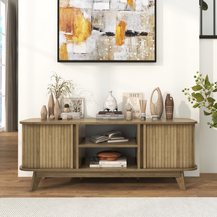 Oak TV stand with dual sliding doors, adjustable shelves, and rustic design, ideal for 55-inch TVs and decor.