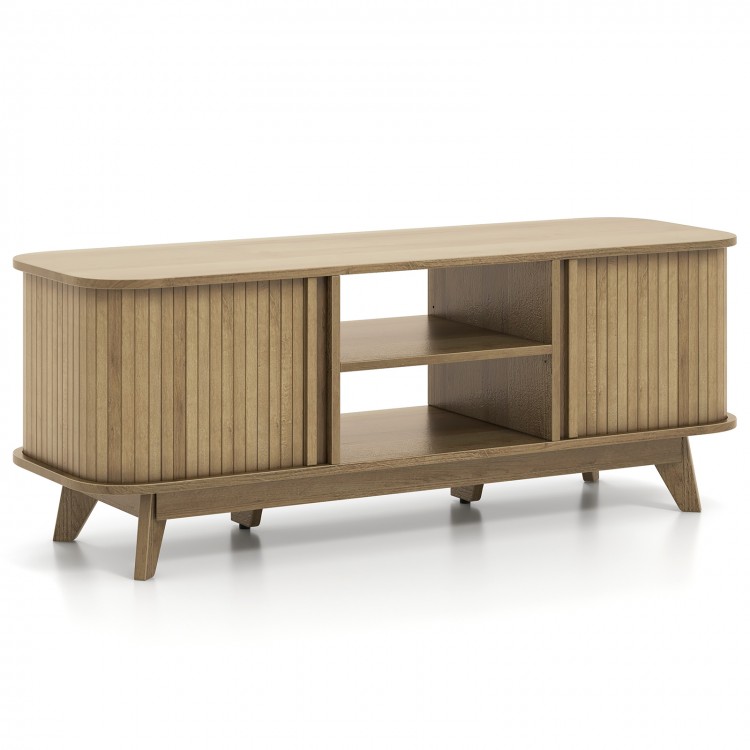 TV stand for 55-inch TV in oak with dual sliding doors, adjustable shelves, and rustic design for versatile home decor.