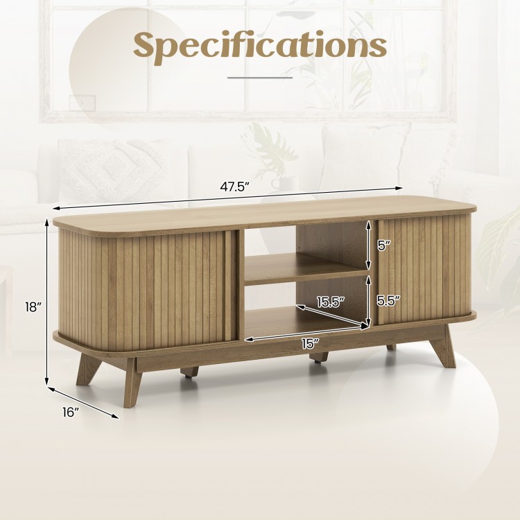 TV stand for 55-inch TV with dual sliding doors, oak finish, adjustable shelf, and protective round corners for.