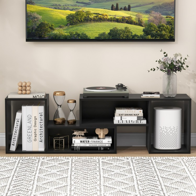 Adjustable black TV stand with L-shaped shelves, designed for TVs up to 55 inches, featuring open storage cubes.