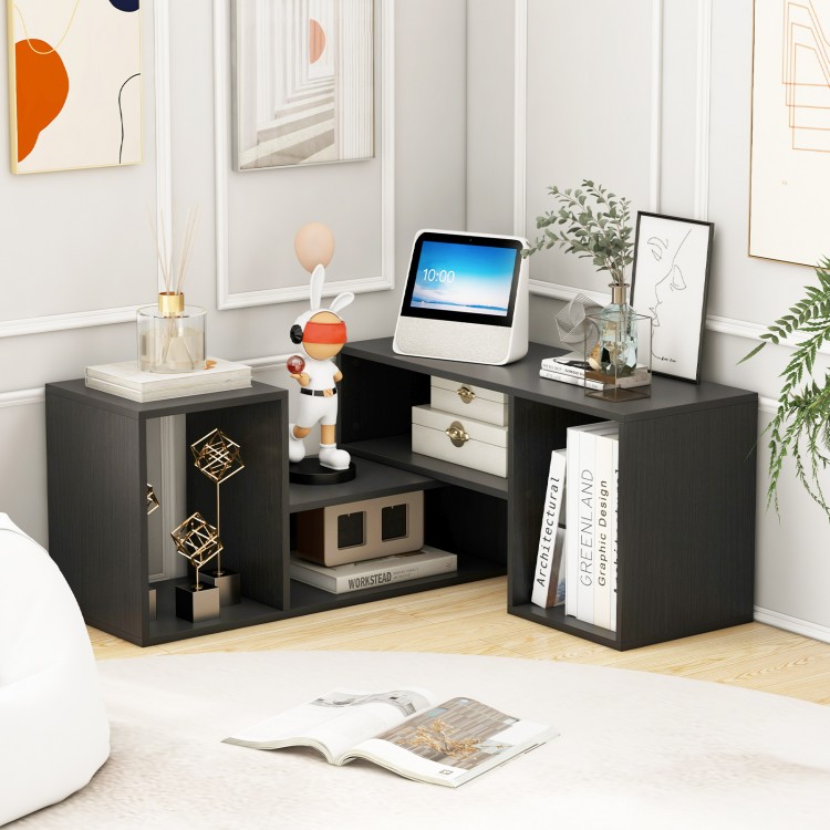 L-shaped adjustable TV stand in black with storage cubes, suitable for TVs up to 55 inches, ideal for modern decor.