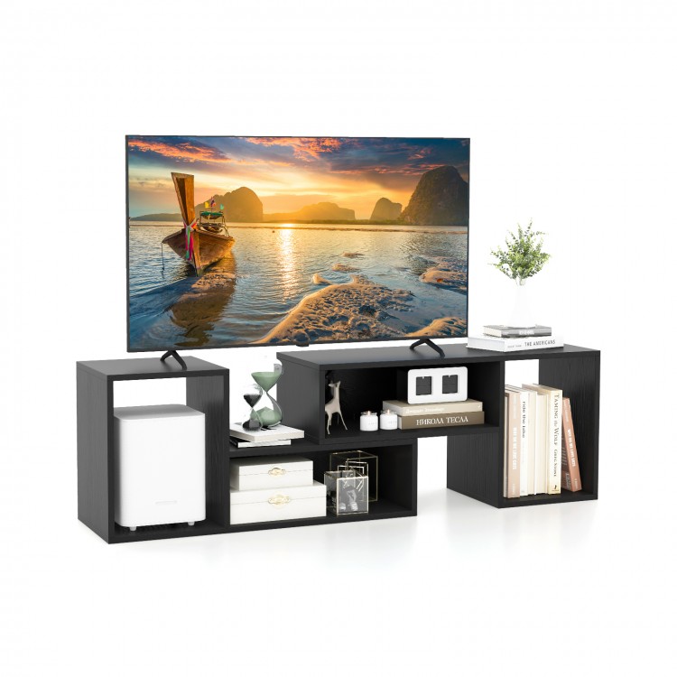 L-shaped black TV stand with customizable design, suitable for TVs up to 55 inches, featuring unique open storage cubes.