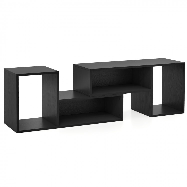 Adjustable black TV stand with two L-shaped shelves, designed for TVs up to 55 inches, featuring open storage cubes.