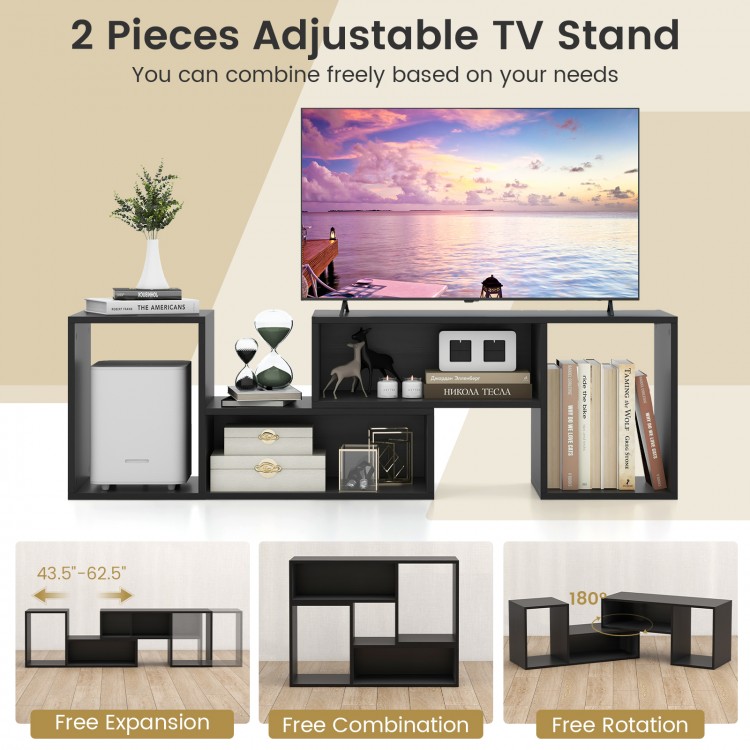 Adjustable black TV stand with two L-shaped shelves, expandable for TVs up to 55 inches, featuring open storage cubes.