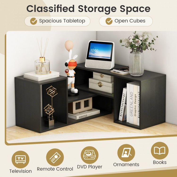 Adjustable black TV stand with spacious tabletop and open storage cubes for TVs up to 55 inches, perfect for organized.