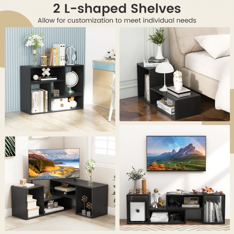 Two adjustable L-shaped shelves in black, designed for TVs up to 55 inches, offering customizable storage solutions.