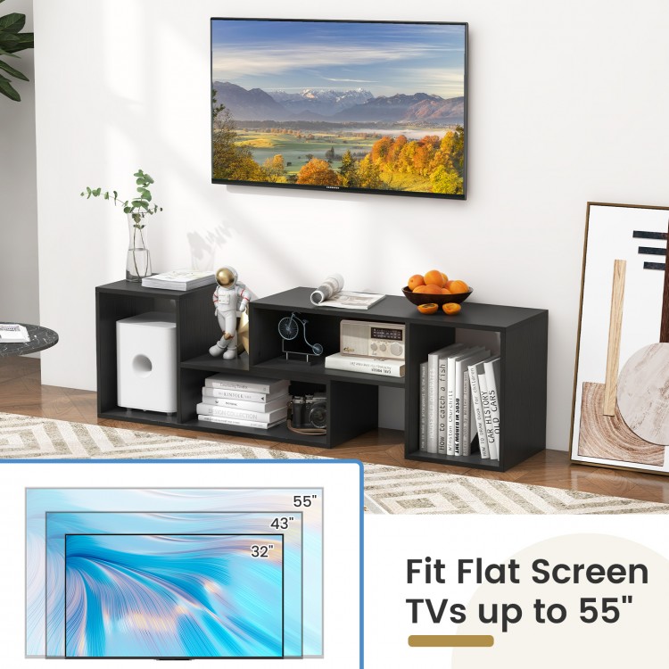 Adjustable black TV stand with L-shaped shelves, fits TVs up to 55 inches, featuring open storage cubes for.