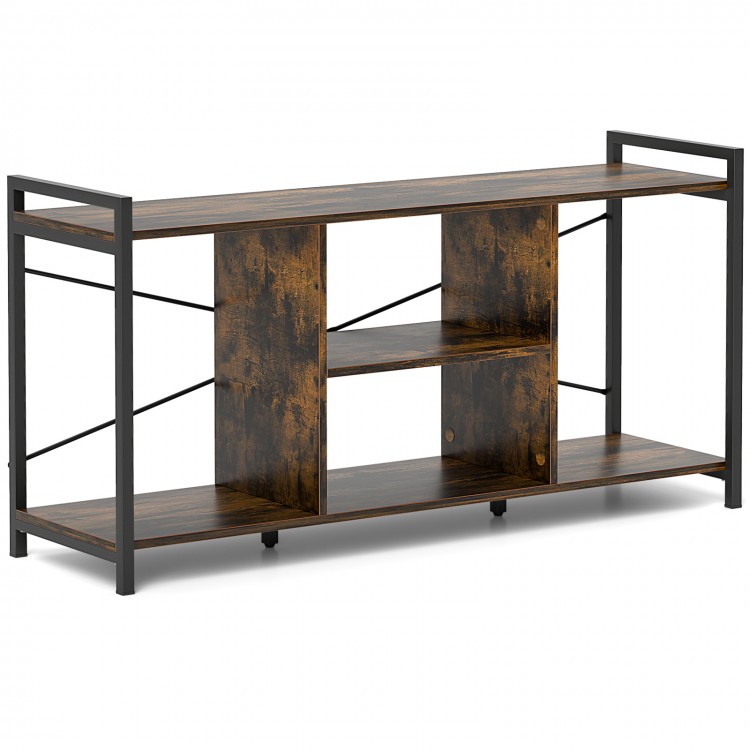 Industrial TV stand in rustic brown with 3 open shelves, sturdy metal frame, and side guardrails for 55" TVs.