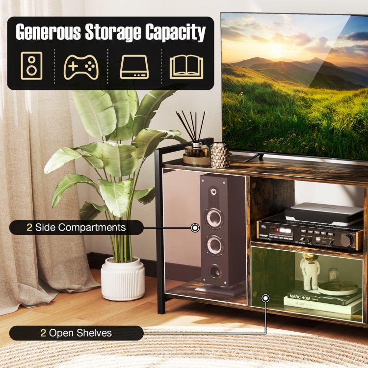 TV stand with rustic brown finish, featuring 3-tier open shelves and sturdy metal frame for 55" TVs, ideal for.