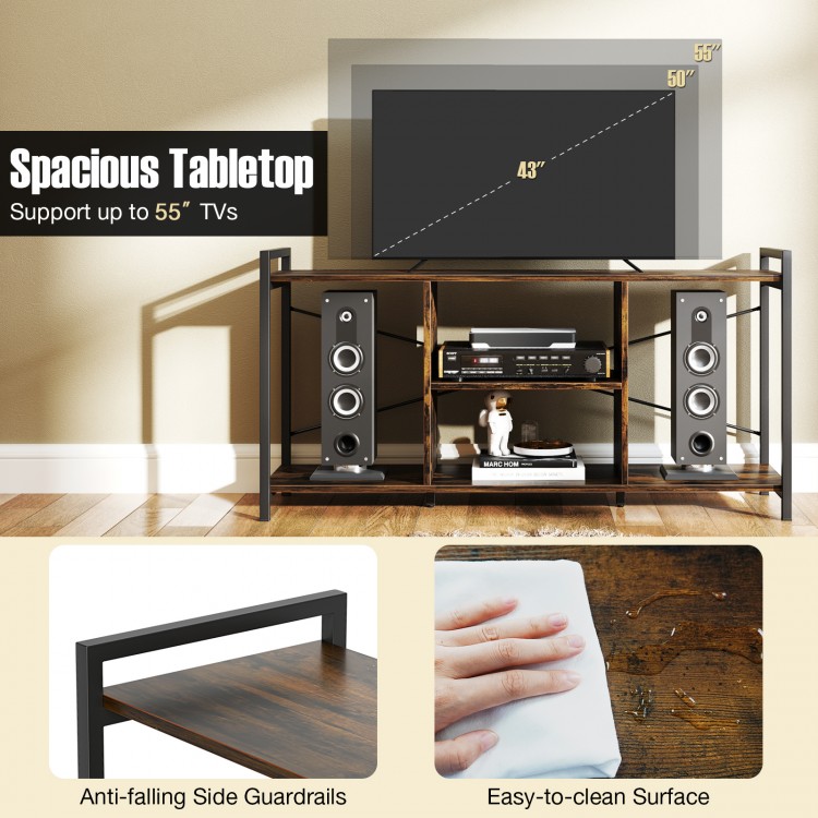 TV stand in rustic brown with spacious tabletop for 55" TVs, featuring anti-falling guardrails and easy-to-clean.