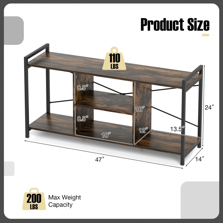 TV stand with 3 open shelves, rustic brown finish, supports 55" TVs, and features a robust metal frame for stability.