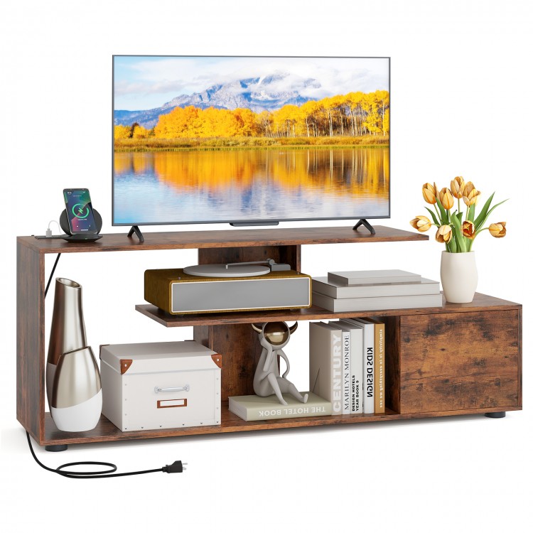 60-inch rustic brown entertainment center TV stand with built-in power outlet and open storage shelves for organization.