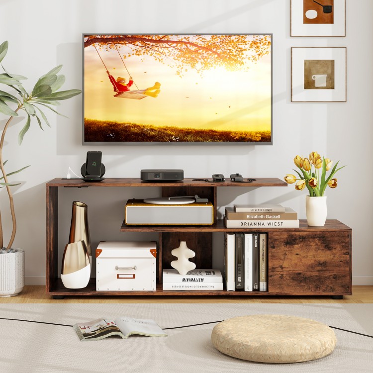 Rustic brown 60-inch entertainment center TV stand with built-in power outlet and 3-tier open storage shelves.