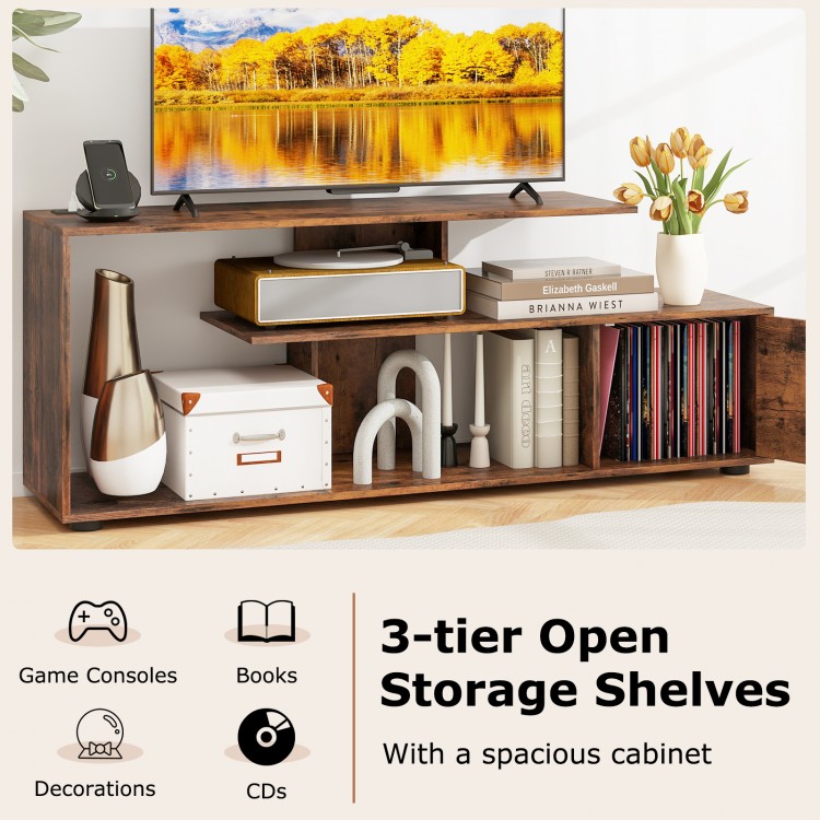 60-inch rustic brown entertainment center with 3-tier open shelves and spacious cabinet for game consoles and books.