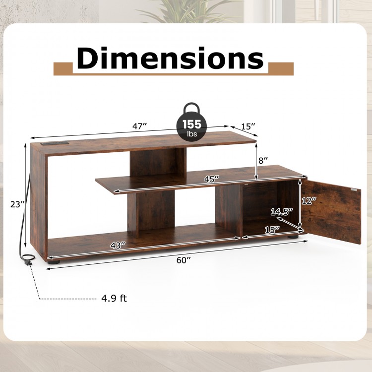 60-inch rustic brown entertainment center dimensions with power outlet, featuring 3-tier shelves and spacious cabinet.