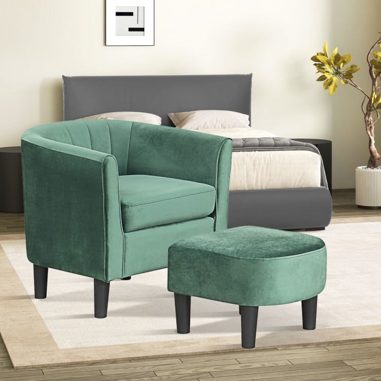 Upholstered green teddy velvet club barrel chair with ottoman, featuring a solid frame and comfortable design for.