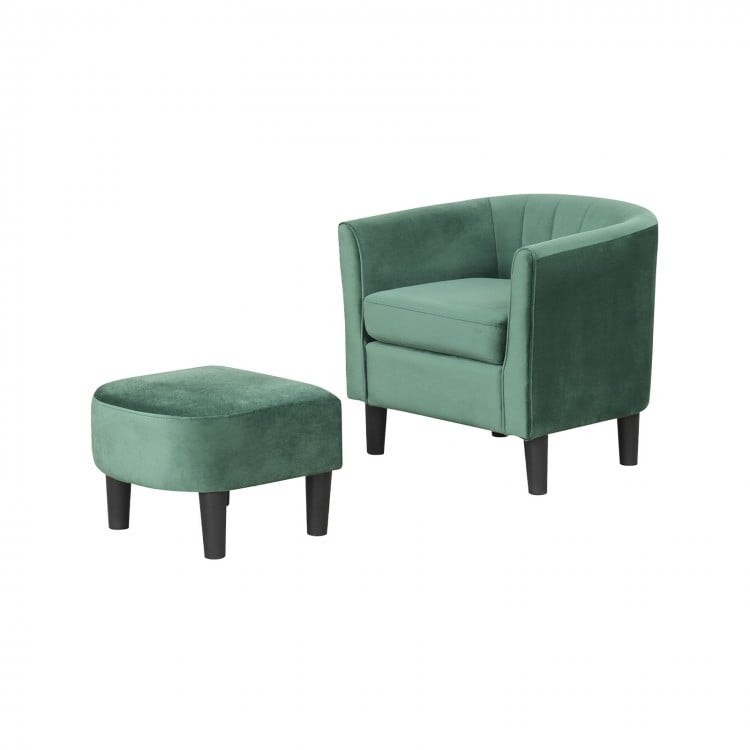 Upholstered green teddy velvet club barrel chair with matching ottoman, ideal for living room or bedroom comfort.