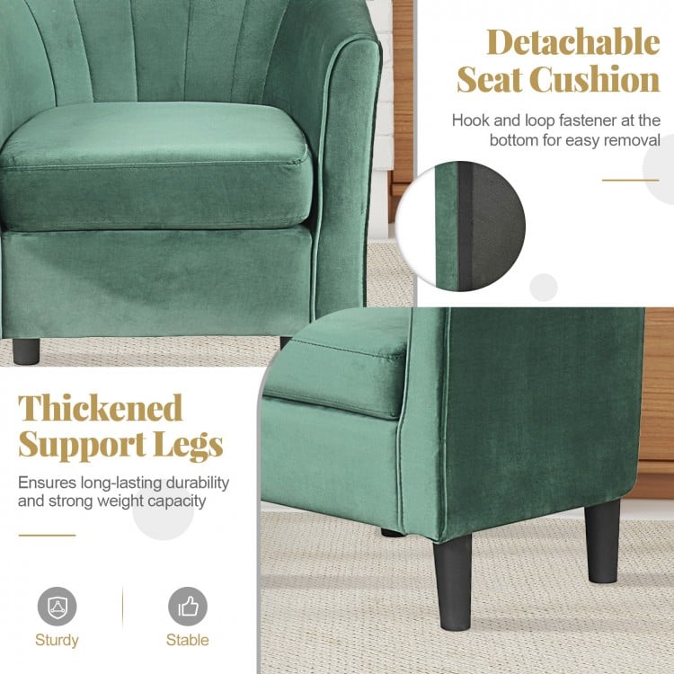Upholstered green teddy velvet club barrel chair with removable cushion and thickened support legs for stability.
